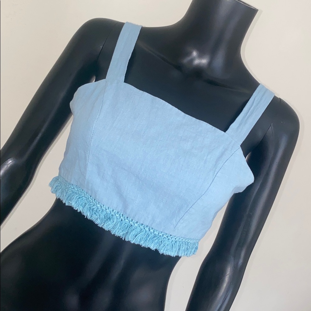 Blue Blush Light Blue Crop Top with Fringe